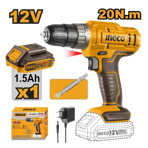 شنيور بطارية انكو 12 فولت، مع بطارية وشاحن