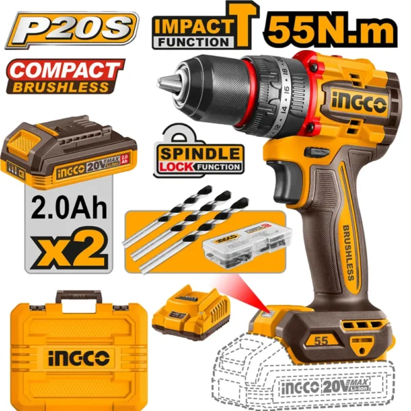 شنيور دقاق برشليس انكو 20 فولت، مع 2 بطارية وشاحن