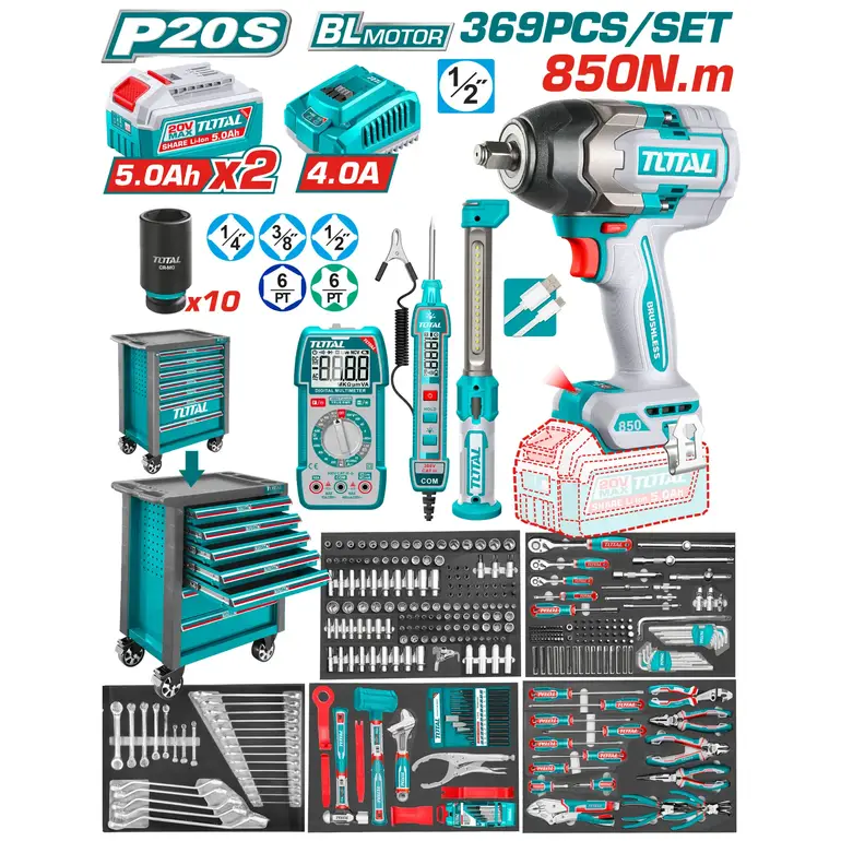 206f235f-9810-40ed-805b-00e41754c414-thumbnail-770x770-70.webp دولاب عدة توتال THPTCS83692، (369) قطعة + دريل (850) نيوتن - الصورة 1