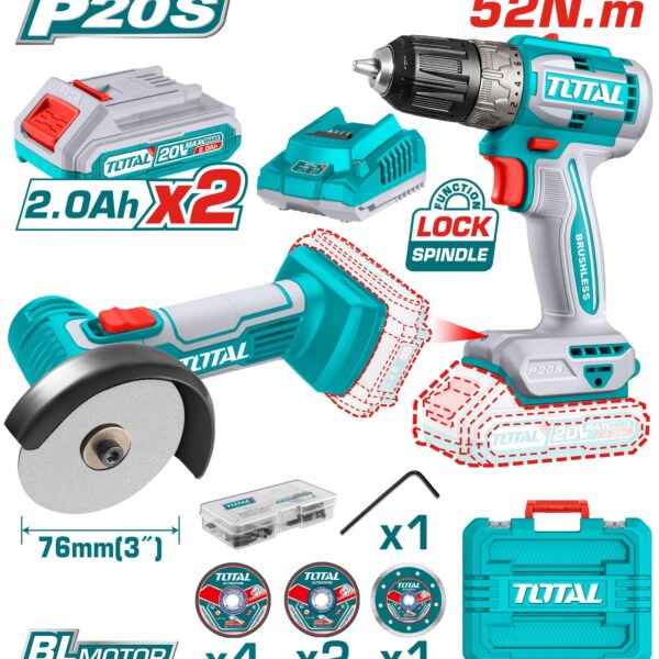 طقم كومبو توتال TCKLI20278 ، شنيور بطاريه 52 نيوتن+ صاروخ 2 بطاريه 2امبير 20فولت+7احجار متعدده