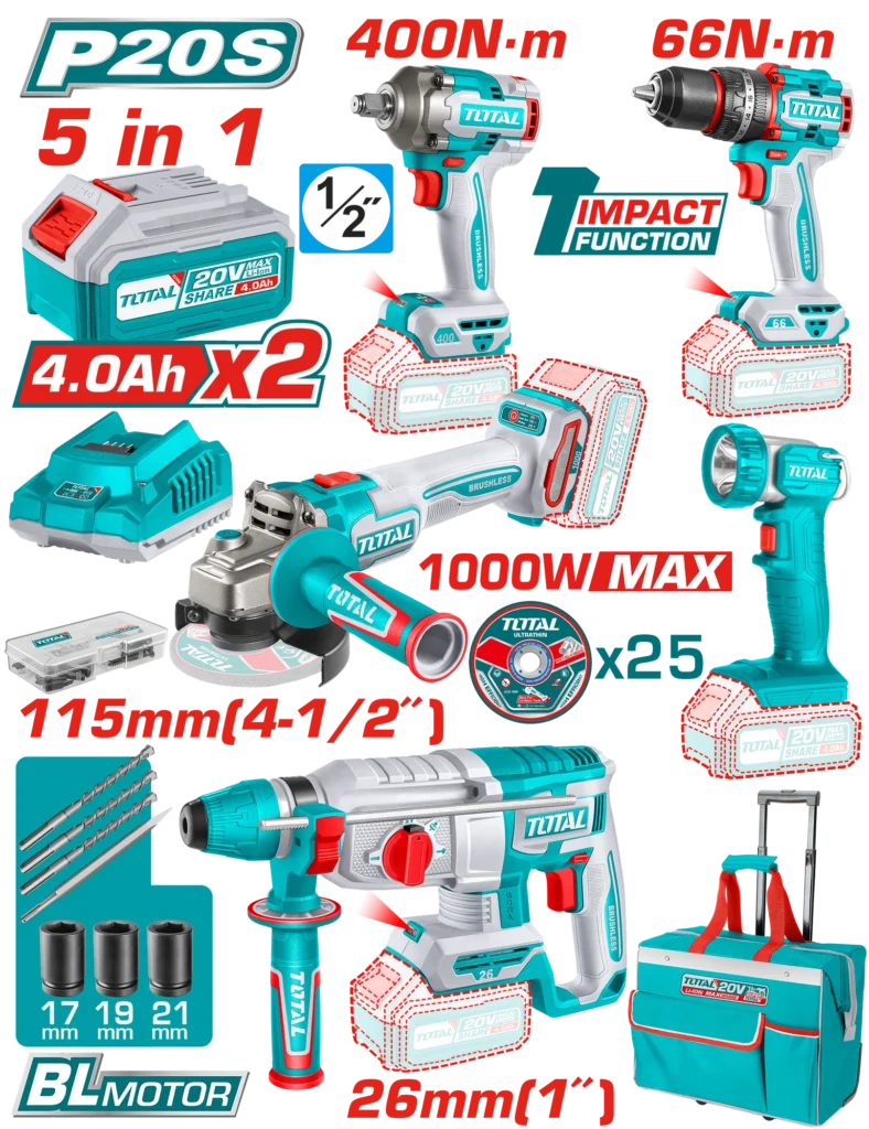 TCKLI20592-788x1024-1.webp طقم كومبو توتال TCKLI20592، (20) فولت، (5) قطع (هيلتي + صاروخ + شنيور + دريل + كشاف) - الصورة 1