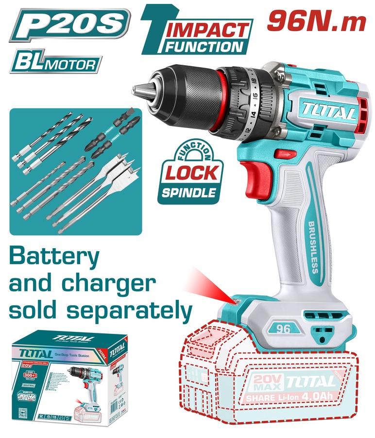 TIDLI209681.jpg شنيور توتال TIDLI209681 ، بطارية دقاق20 فولت 96 نيوتن بدون بطارية خدمة شاقة - الصورة 1