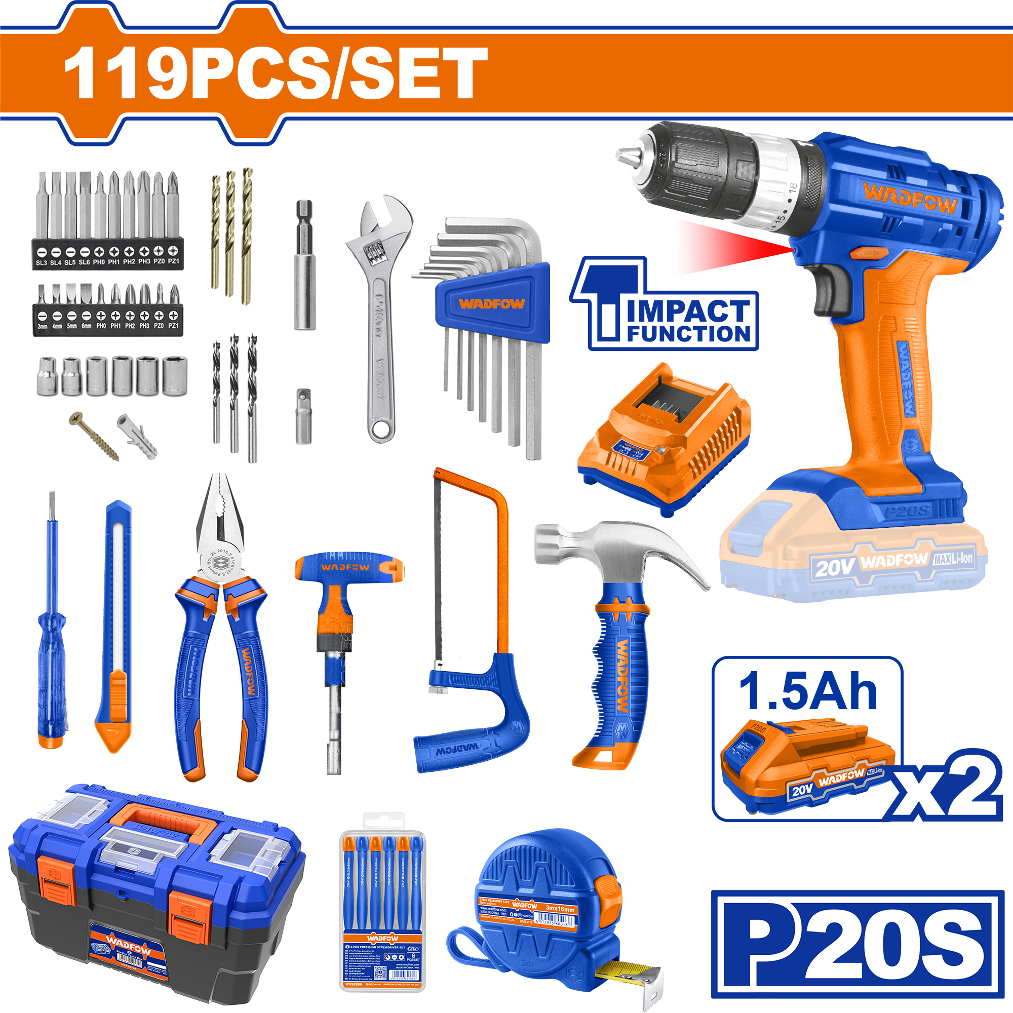 WDT1B119.png شنطة عدة شنيور وادفو WDT1B119، (20) فولت، (119) قطعة - الصورة 1