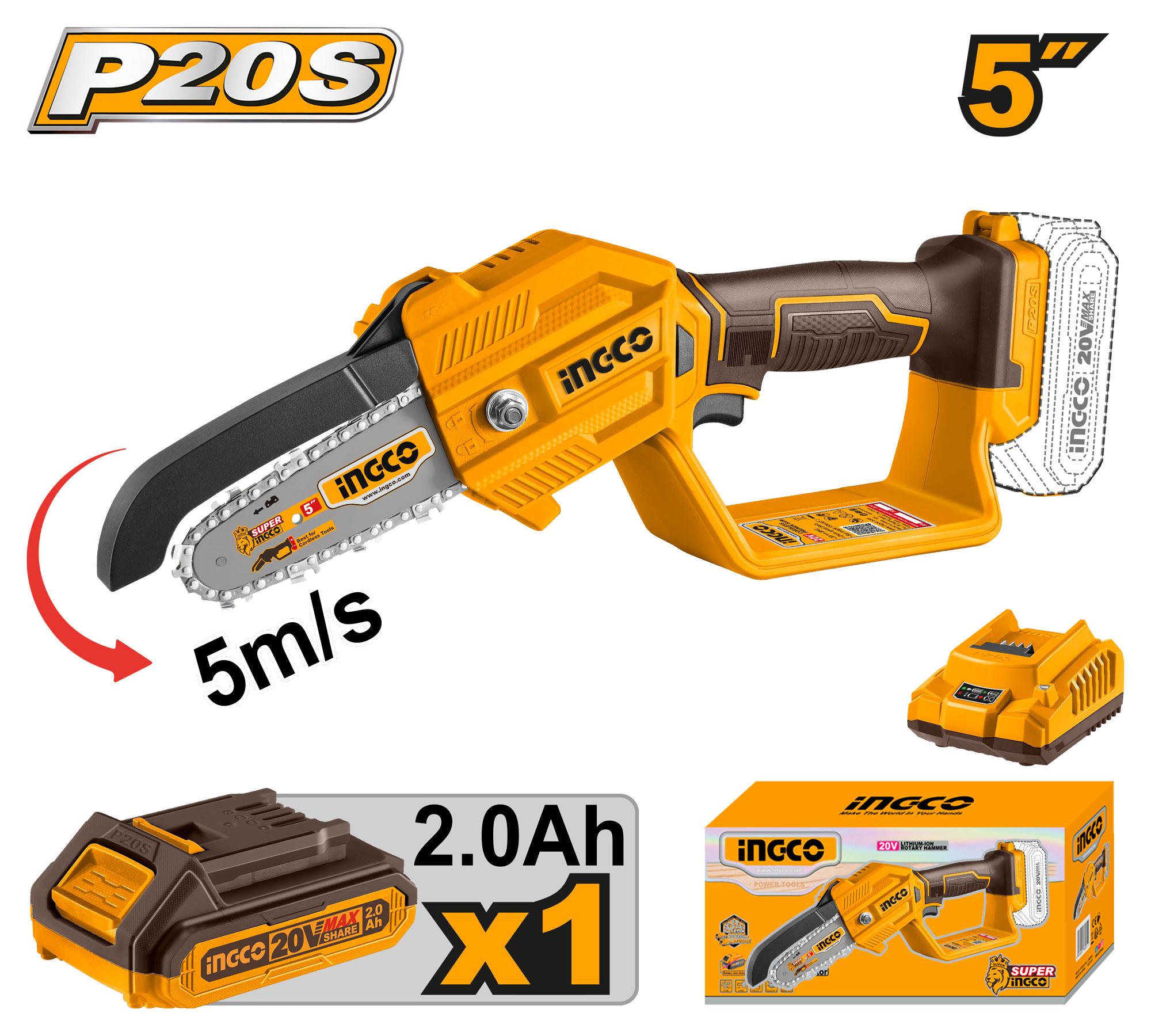 CGSLI20581.jpg منشار تقليم شجر انكو CGSLI20581، (20) فولت، (5) بوصة، مع بطارية وشاحن - الصورة 1